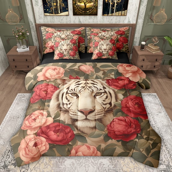 Feelyou 3D White Tiger Bedding Comforter Set 7 Pieces, Romantic Red Flower Full Bedding Set, Happy Valentines Day Reversible Fitted Sheet Flat Sheet, Microfiber Bedroom Decor