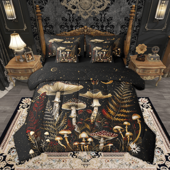 Feelyou 3D Wild Mushroom Bedding Comforter Set 7 Pieces, Tropical Plants Queen Bedding Sets, Botanical Themed Queen Sheet Sets, Black Brown