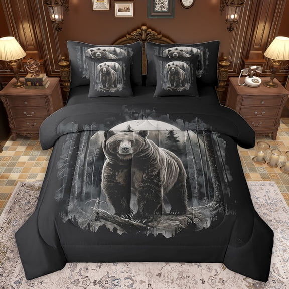 Feelyou 3D Wildlife Bear Bedding Comforter Set 7pcs, Jungle Animal Hunting King Bedding Sets, Black Grey Reversible Bed Sheets, Lightweight Room Decor