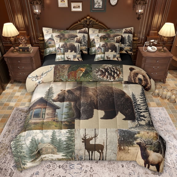 Feelyou 3D Wildlife Bear Bedding Comforter Set 7pcs, Rustic Deer Moose Animals King Bedding Sets, Wooden Lodge Cabin Reversible Bed Sheets, Microfiber Bedroom Decor