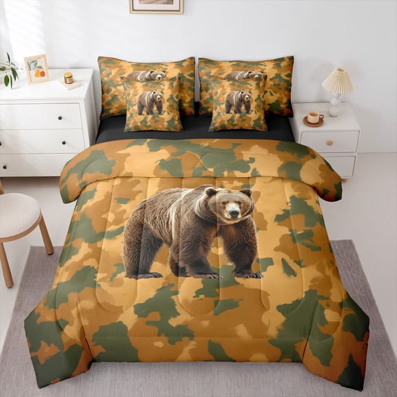 Feelyou 3D Wildlife Bear Comforter Set 7pcs, Orange Green Camouflage Queen Bedding Sets