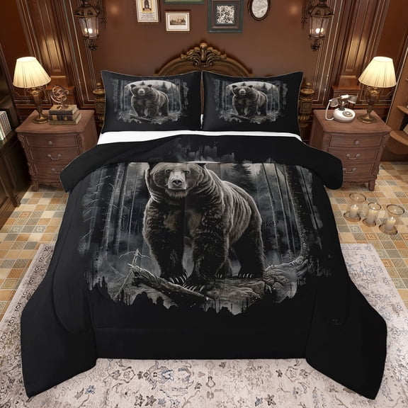 Feelyou 3D Wildlife Bear Queen Comforter Set, Jungle Animal Hunting Bedding Sets, Black Grey Reversible Bedding Comforter Set, Lightweight Room Decor, 3 Pieces