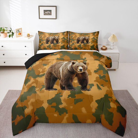Feelyou 3D Wildlife Bear Queen Comforter Set, Orange Green Camouflage Bedding Set, 3pcs