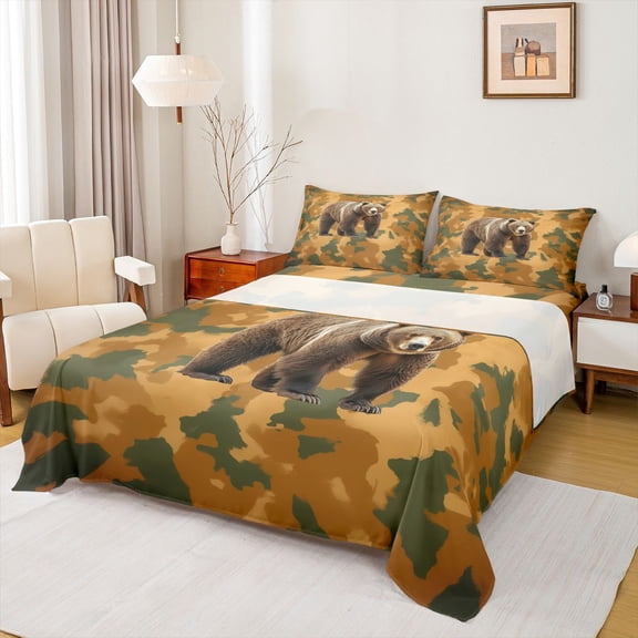 Feelyou 3D Wildlife Bear Queen Sheet Sets, Orange Green Camouflage Bed Set, 4-Piece