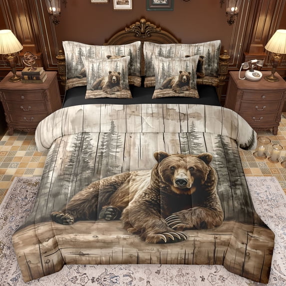 Feelyou 3D Wildlife Bear Twin Bedding Sets 7-Piece for Teens, Rustic Jungle Animal Bedding Comforter Set, Farmhouse Cabin Reversible Sheet Sets, Luxury Bedroom Decor