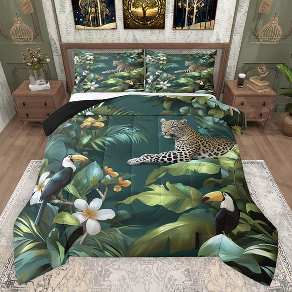 Feelyou 3D Wildlife Cheetah Queen Comforter Set for Teens, Woodland Animal Leopard Bedding Sets, Plant Botanical Reversible Bedding Comforter Set, Lightweight Room Decor, 3-Piece