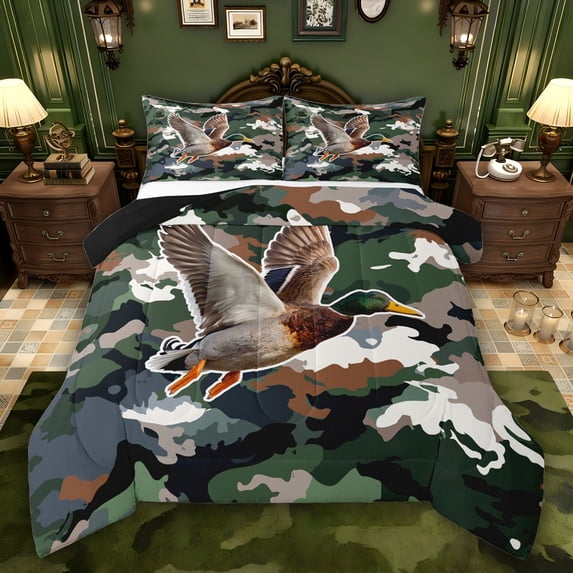 Feelyou 3D Wildlife Duck Full Size Comforter Sets, Green Camo Abstract Bedding Sets, 3pcs
