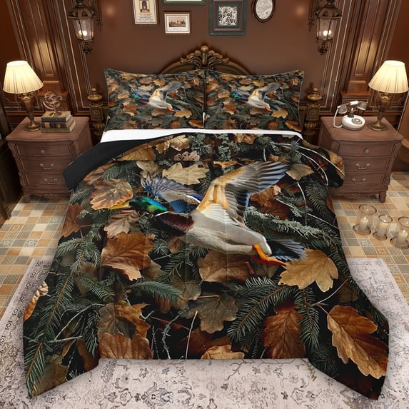 Feelyou 3D Wildlife Duck Full Size Comforter Sets, Jungle Leaf Branches Bedding Sets, 3pcs