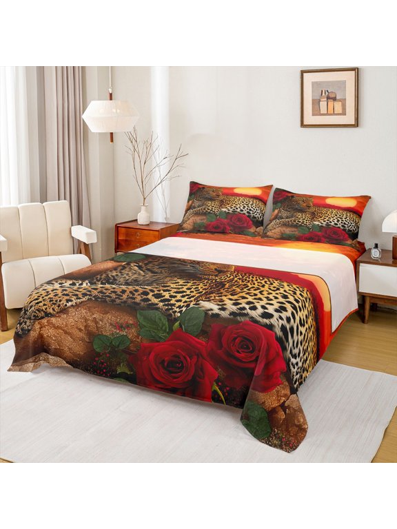 3D Wildlife Leopard Bed Sheets, Romantic Red Rose King Sheets, Kawaii Jungle Cheetah Sheet Set, Luxury Bedroom Decor, 4 Pieces