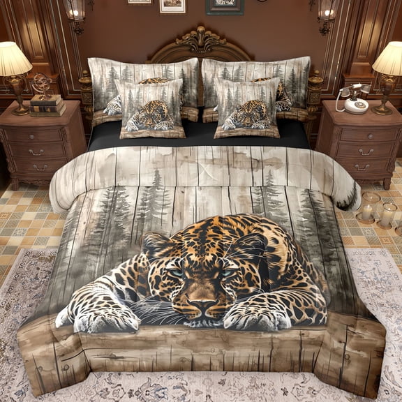Feelyou 3D Wildlife Leopard Bedding Comforter Set 7 Pieces for Teens, Rustic Cheetah Animal Full Bedding Set, Farmhouse Cabin Reversible Fitted Sheet Flat Sheet, Breathable Home Decor
