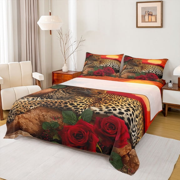 Feelyou 3D Wildlife Leopard Full Size Sheets, Romantic Red Rose Bed Sheets, Kawaii Jungle Cheetah Sheet Sets, Luxury Bedroom Decor, 4 Pieces