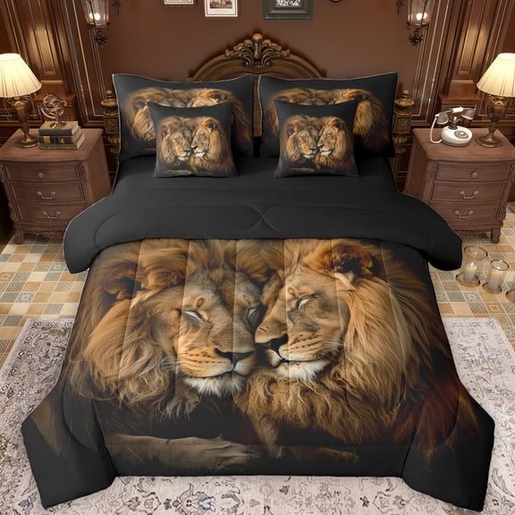 Feelyou 3D Wildlife Lion Bedding Comforter Set 7pcs, Couple Anniversary King Bedding Sets, Teens Kids Boys Girl Reversible Bed Sheets, Luxury Bedroom Decor