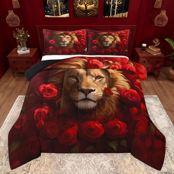 Feelyou 3D Wildlife Lion Full Size Comforter Sets, Red Rose Flower Bedding Comforter Set, Couple Lover Men Women Reversible Bedding Sets, Lightweight Room Decor, 3 Pieces