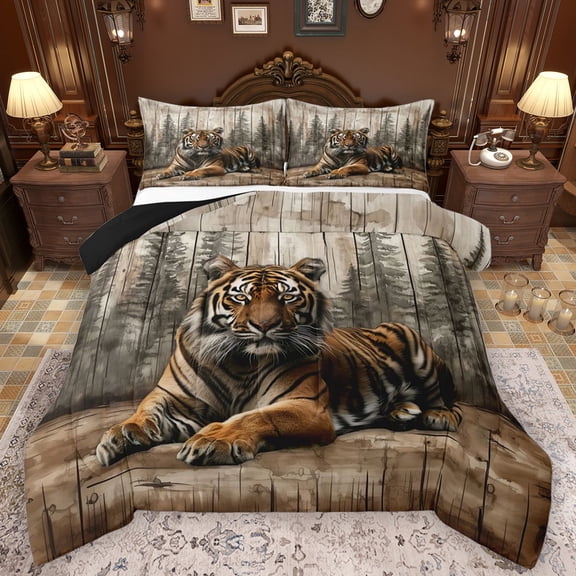 Feelyou 3D Wildlife Tiger Bedding Comforter Set for Teens, Rustic Jungle Animal Twin Comforter Sets, Farmhouse Cabin Reversible Bedding Set, Breathable Home Decor, 2pcs