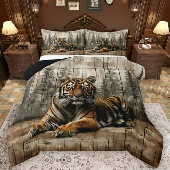 Feelyou 3D Wildlife Tiger Queen Comforter Set for Teens, Rustic Jungle Animal Bedding Sets, Farmhouse Cabin Reversible Bedding Comforter Set, Breathable Home Decor, 3pcs
