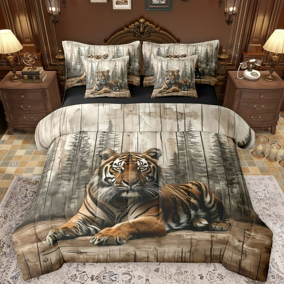 Feelyou 3D Wildlife Tiger Twin Bedding Sets 7-Piece for Teens, Rustic Jungle Animal Bedding Comforter Set, Farmhouse Cabin Reversible Sheet Sets, Breathable Home Decor