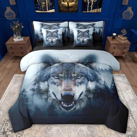 Feelyou 3D Wolf Animal Bedding Comforter Set 7pcs for Boy, Jungle Tree Botanical King Bedding Sets, Rustic Farmhouse Theme Reversible Bed Sheets, Super Cozy Room Decor