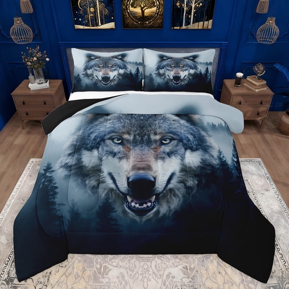 Feelyou 3D Wolf Animal Bedding Comforter Set for Boy, Jungle Tree Botanical Twin Comforter Sets, Rustic Farmhouse Theme Reversible Bedding Set, Super Cozy Room Decor, 2 Pieces