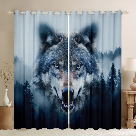 Feelyou 3D Wolf Animal Black Out Curtains for Boy, Jungle Tree Botanical Curtains Pack of 2 (42x63 Each), Rustic Farmhouse Theme Bedroom Curtains, Black Out Curtains Decor