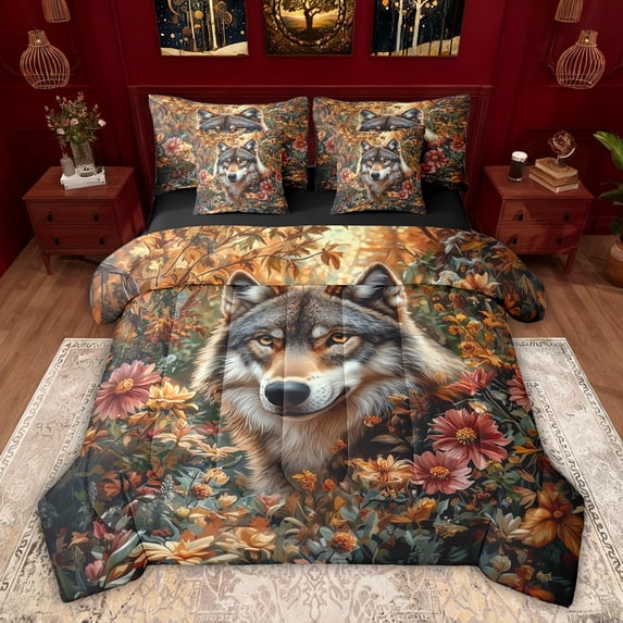 Feelyou 3D Wolf Animal Twin Bedding Sets 7-Piece for Boy, Groovy Flower Floral Bedding Comforter Set, Rustic Farmhouse Theme Reversible Sheet Sets, Ultra Soft Bedroom Decor