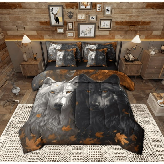 Feelyou 3D Wolf Bedding Comforter Set 7-Piece for Teens, Autumn Maple Leaf Botanical King Bedding Sets, Woodland Wildlife Reversible Bed Sheets, Breathable Home Decor