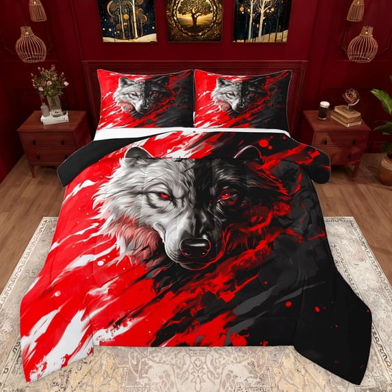 Feelyou 3D Wolf Bedding Comforter Set for Teens, Cartoon Animal Twin Comforter Sets, Black Red Graffiti Reversible Bedding Set, Breathable Home Decor, 2 Pieces