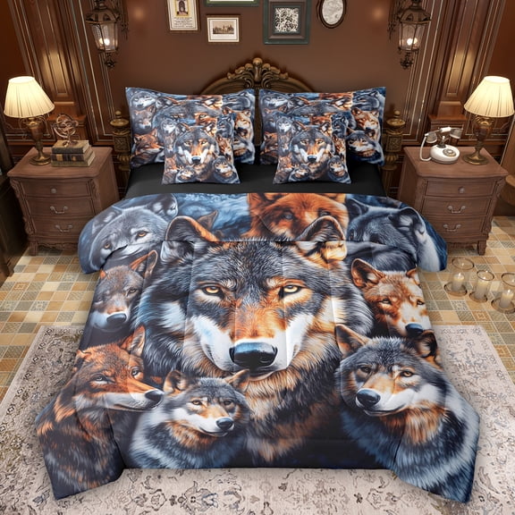 Feelyou 3D Wolf Family Bedding Comforter Set 7 Pieces, Woodland Wildlife Full Bedding Set