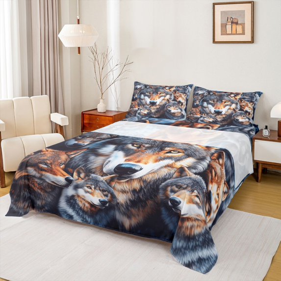 Feelyou 3D Wolf Family Twin Sheet Sets, Woodland Wildlife Bedding, 3pcs