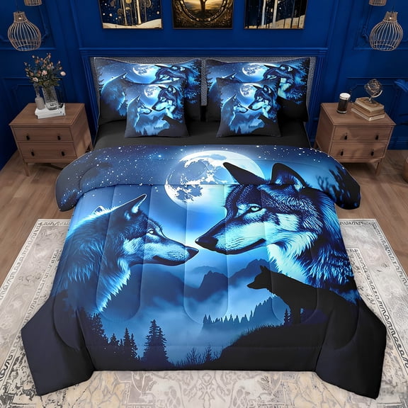 Feelyou 3D Wolf Print Bedding Comforter Set 7pcs for Men, Glitter Stars Moon Queen Bedding Sets, Rustic Farmhouse Animal Reversible Queen Sheet Sets, Super Cozy Room Decor