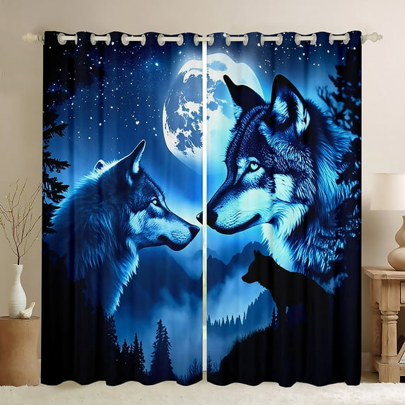 Feelyou 3D Wolf Print Blackout Curtains Set of 2 (52x84 Each) for Men, Glitter Stars Moon Window Curtains, Rustic Farmhouse Animal Curtains and Drapes, Curtains and Drapes Room Decor
