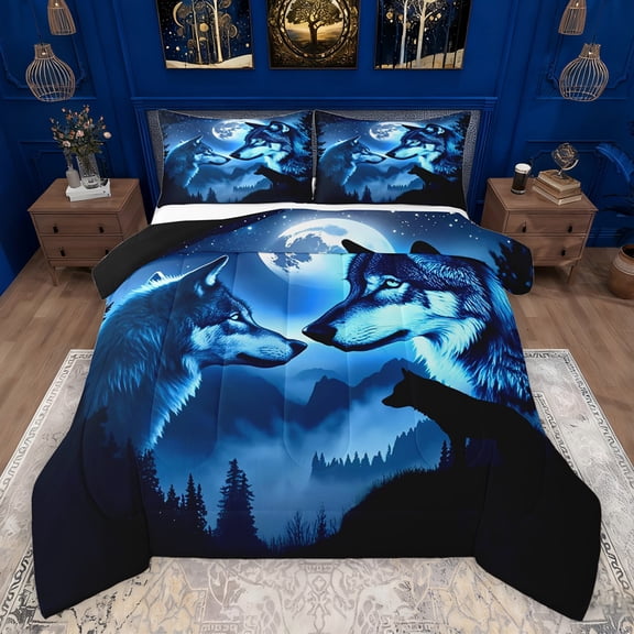 Feelyou 3D Wolf Print Queen Comforter Set for Men, Glitter Stars Moon Bedding Sets, Rustic Farmhouse Animal Reversible Bedding Comforter Set, Super Cozy Room Decor, 3 Pieces