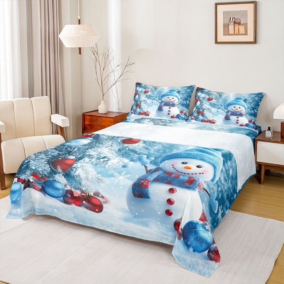 Feelyou 3D Xmas Snowman Twin Sheet Sets for Child, Christmas Tree Snowflake Twin Fitted Sheet, Happy New Year Flat Sheet, Luxury Bedroom Decor, 3-Piece
