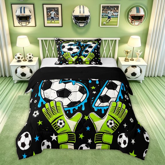 Feelyou 67 Number Soccer Twin Comforter Sets for Boys, Ice Cream Gloves Graffiti Drip Bedding Set, Black Reversible, 2-Piece, 1 Comforter and 1 Pillowcase