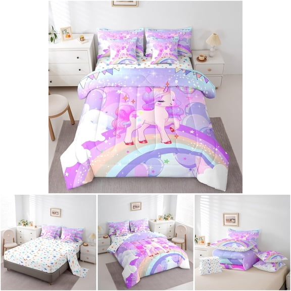 Feelyou 7 Piece Unicorn Comforter Set Purple Microfiber Kids Bedroom Decor
