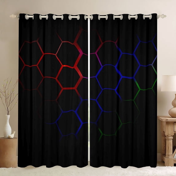 Feelyou Abstract Black Out Curtains, Red Blue Honeycomb Curtains Pack of 2 (42x63 Each)
