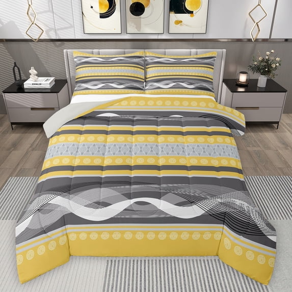 Feelyou Abstract Grey Yellow Queen Comforter Set for Men, Modern Art Striped Bedding Sets, Contemporary Aesthetic Reversible Bedding Comforter Set, Lightweight Room Decor, 3 Pieces