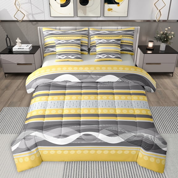 Feelyou Abstract Grey Yellow Twin Bedding Sets 7-Piece for Men, Modern Art Striped Bedding Comforter Set, Contemporary Aesthetic Reversible Sheet Sets, Lightweight Room Decor