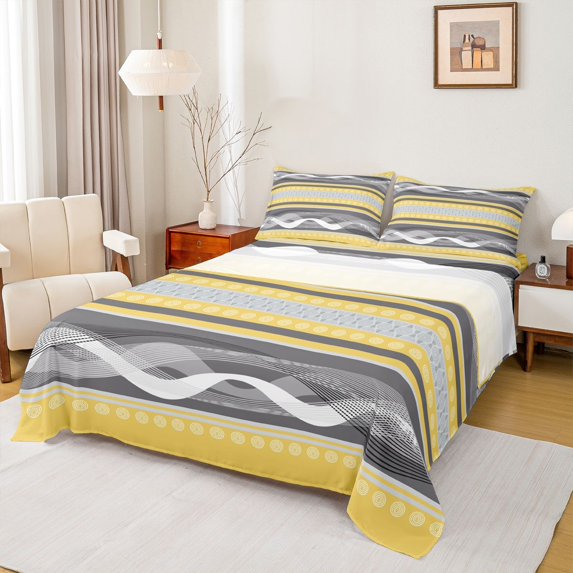 Feelyou Abstract Grey Yellow Twin Sheet Sets for Men, Modern Art Striped Twin Fitted Sheet, Contemporary Aesthetic Flat Sheet, Lightweight Room Decor, 3 Pieces