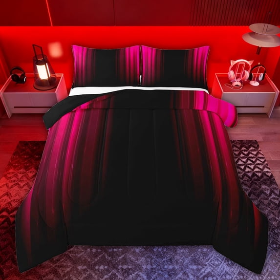 Feelyou Abstract Ombre Queen Comforter Set, Red Stripes Lines Bedding Comforter Set, 3pcs