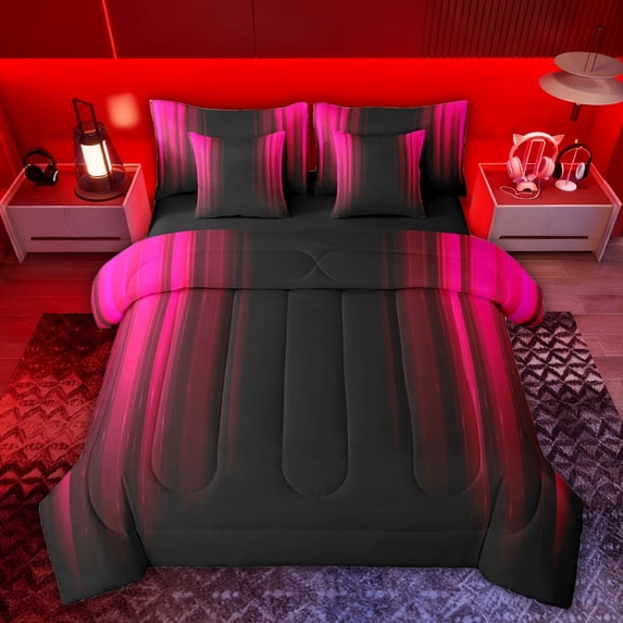 Feelyou Abstract Ombre Twin Bedding Sets 7-Piece, Red Stripes Lines Bedding Comforter Set