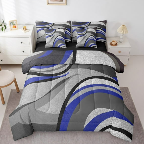 Feelyou Adult Abstract Geometric Bedding Comforter Set 7 Pieces, Mid Century Minimalism Full Bedding Set, Grey Blue Stripes Reversible Fitted Sheet Flat Sheet, Microfiber Bedroom Decor