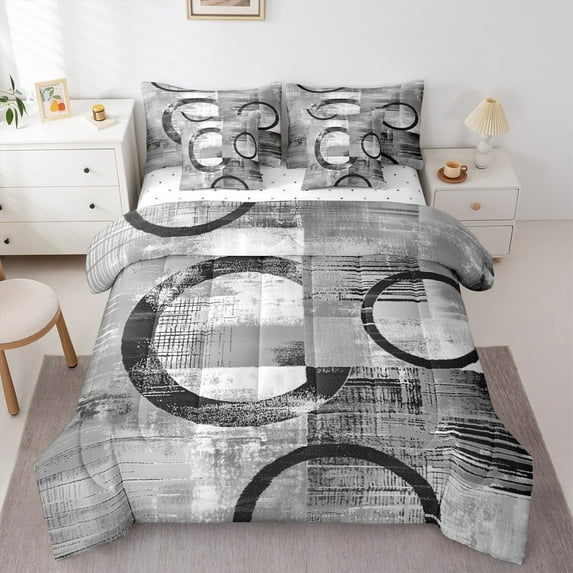 Feelyou Adult Abstract Geometric Bedding Comforter Set 7 Pieces, Mid Century Minimalism Full Bedding Set, Grey Stripes Circle Reversible Fitted Sheet Flat Sheet, Luxury Bedroom Decor