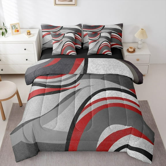 Feelyou Adult Abstract Geometric Bedding Comforter Set 7pcs, Mid Century Minimalism Queen Bedding Sets, Grey Red Stripes Reversible Queen Sheet Sets, Luxury Bedroom Decor