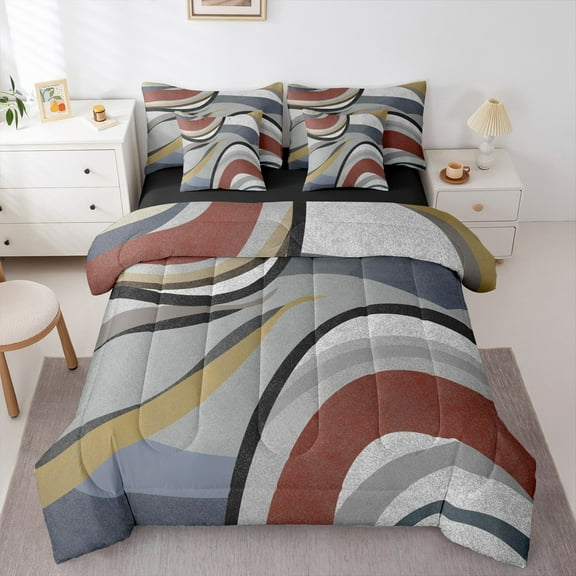 Feelyou Adult Abstract Geometric Bedding Comforter Set 7pcs, Mid Century Minimalism Queen Bedding Sets, Grey Red Yellow Reversible Queen Sheet Sets, Luxury Bedroom Decor