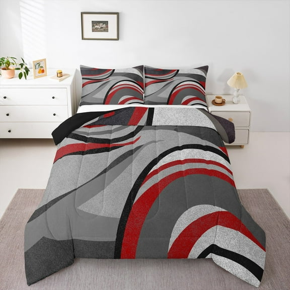 Feelyou Adult Abstract Geometric Full Size Comforter Sets, Mid Century Minimalism Bedding Comforter Set, Grey Red Stripes Reversible Bedding Sets, Luxury Bedroom Decor, 3 Pieces