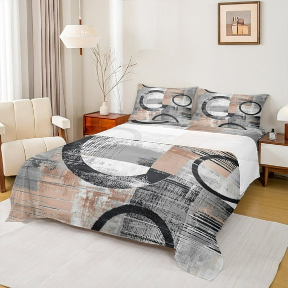 Feelyou Adult Abstract Geometric Full Size Sheets, Mid Century Minimalism Bed Sheets, Bisque Stripes Circle Sheet Sets, Luxury Bedroom Decor, 4 Pieces