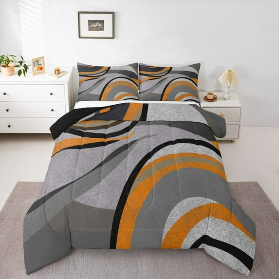 Feelyou Adult Abstract Geometric Queen Comforter Set, Mid Century Minimalism Bedding Sets, Grey Orange Stripes Reversible Bedding Comforter Set, Microfiber Bedroom Decor, 3 Pieces