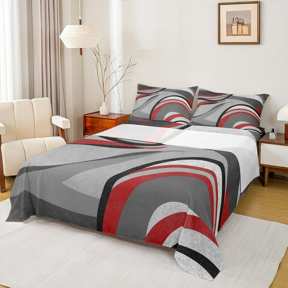 Feelyou Adult Abstract Geometric Queen Sheet Sets, Mid Century Minimalism Flat Sheet, Grey Red Stripes Queen Fitted Sheet, Luxury Bedroom Decor, 4 Pieces