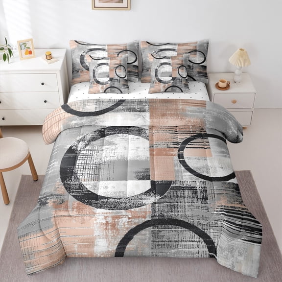 Feelyou Adult Abstract Geometric Twin Bedding Sets 7-Piece, Mid Century Minimalism Bedding Comforter Set, Bisque Stripes Circle Reversible Sheet Sets, Luxury Bedroom Decor