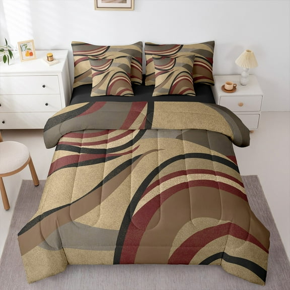 Feelyou Adult Abstract Geometric Twin Bedding Sets 7-Piece, Mid Century Minimalism Bedding Comforter Set, Brown Red Stripes Reversible Sheet Sets, Luxury Bedroom Decor